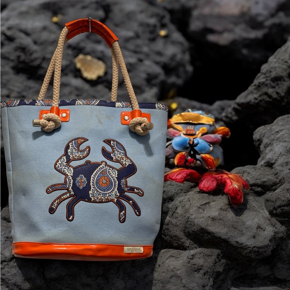Spartina 449 Blue and Orange beach Tote Bag with Crab Design - Picture 4 of 13